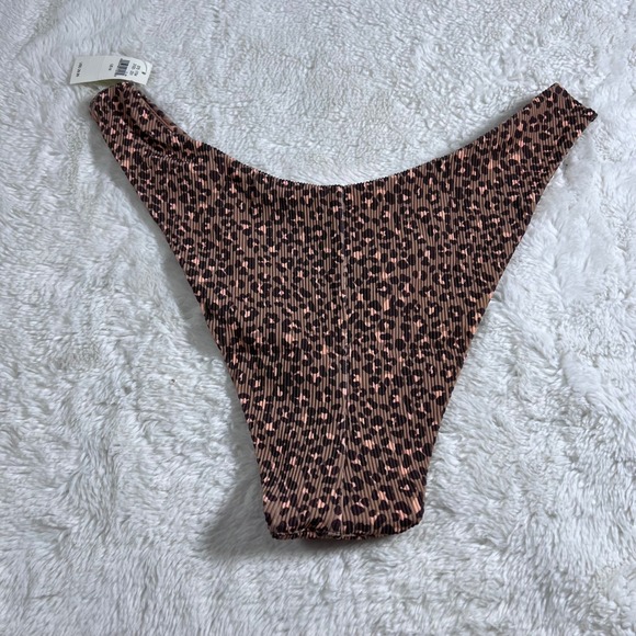 Aerie Cheekiest High Cut Bikini Bottom Leopard Print Ribbed Crinkle Brown Medium - Picture 4 of 11
